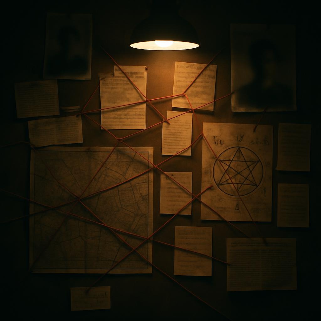 Evidence board from the Serialized fiction podcast Within the Glitch